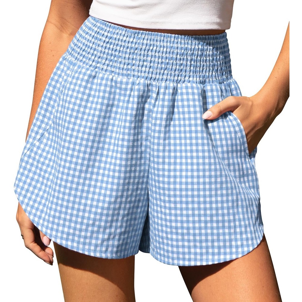 NWT TARSE Women's Blue Gingham Linen Blend Smocked Waist Shorts XL